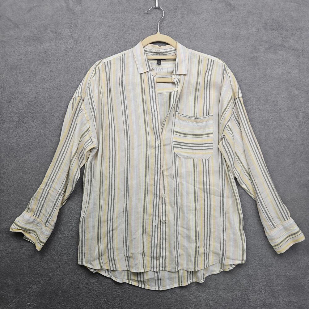 ATM Linen Blend Striped Button Down Shirt Coastal‎ Minimalist Layering Size XS